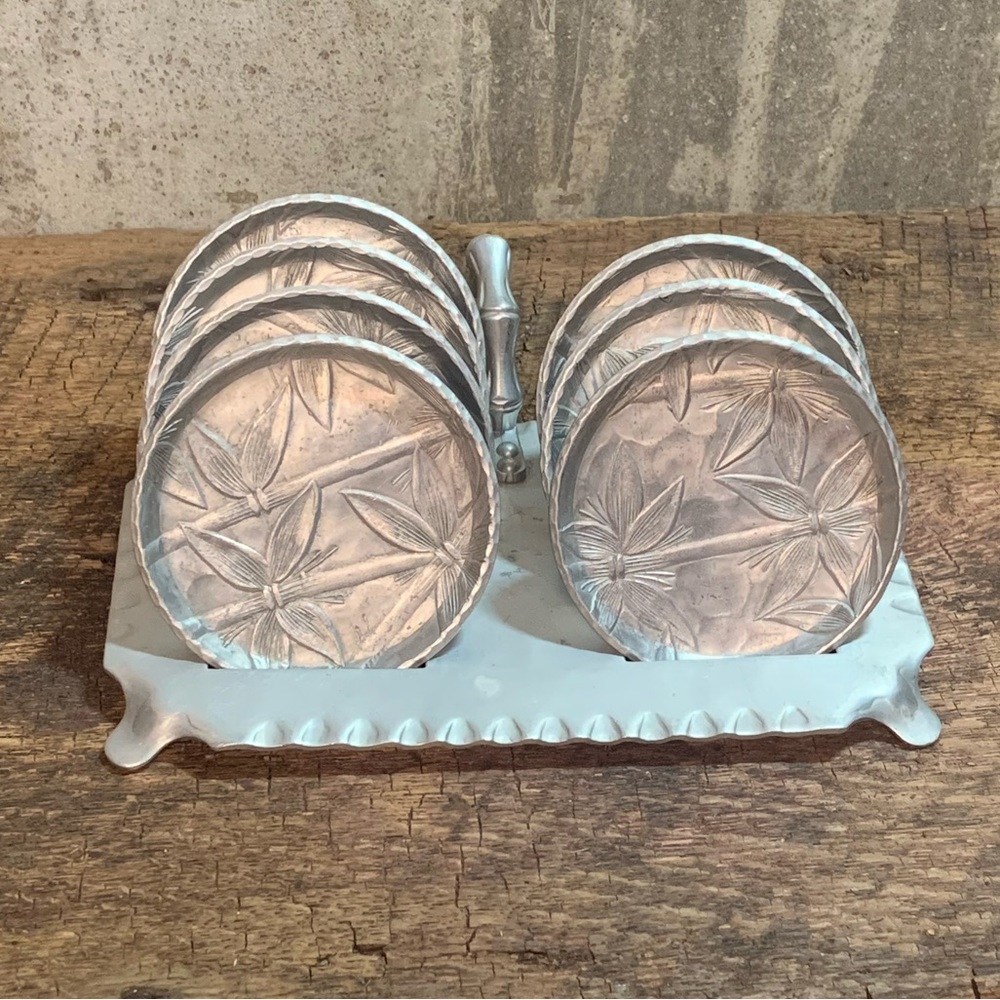 Vintage MCM Hand Forged 7 Coaster Set with Carrier Rack